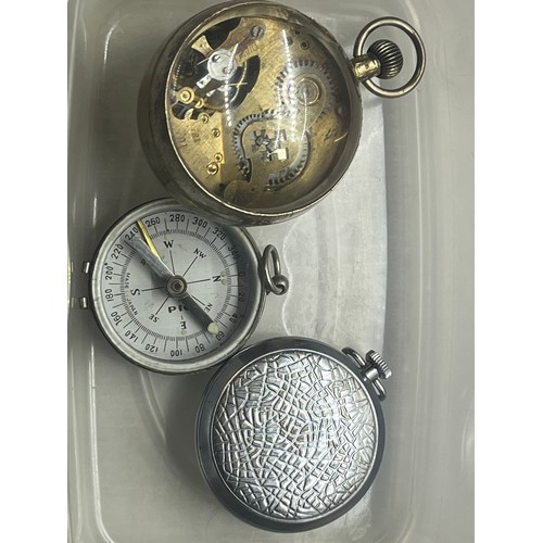 61 - Vintage ruhla pocket watch , along with railway regulator (needs attention) & vintage compass