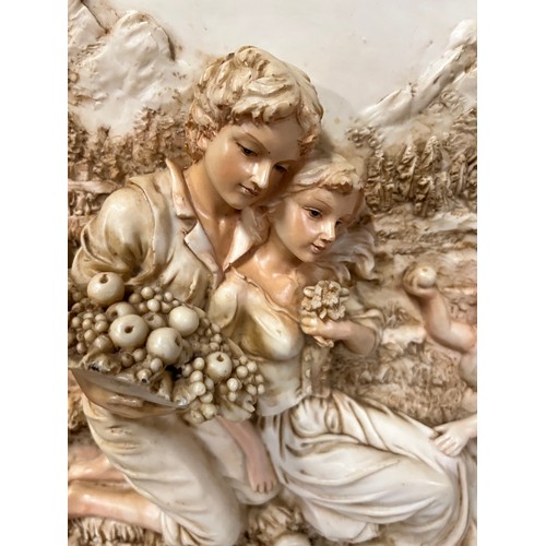 81 - Pair of large gilt framed resin plaques classic scenes in the style of Enrico Braga. 23.5