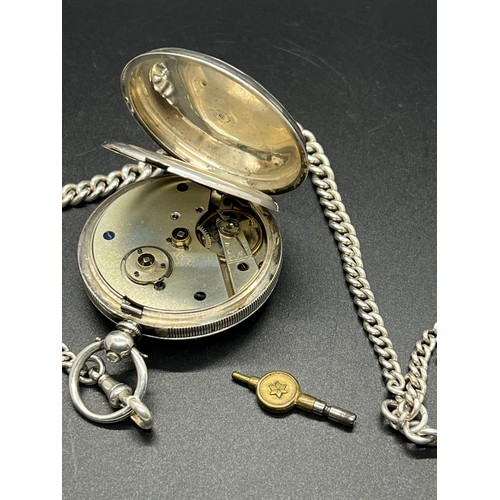 89 - silver hallmarked pocket watch with silver hallmarked albert chain & fob (working)