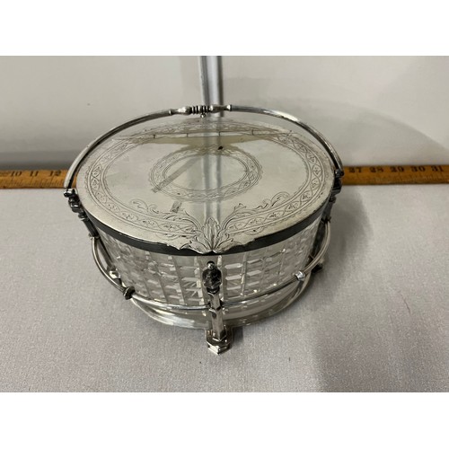 116 - Victorian silver plated ice/biscuit container with cut glass body, silver plate support columns & el... 