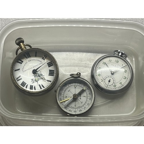 61 - Vintage ruhla pocket watch , along with railway regulator (needs attention) & vintage compass