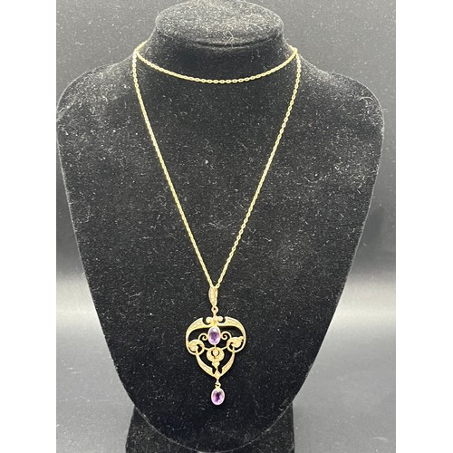 65 - 14k gold chain along with antique seed pearl & amethyst pendant