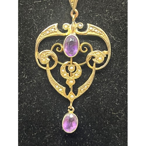 65 - 14k gold chain along with antique seed pearl & amethyst pendant