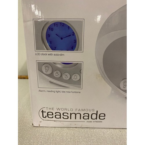 329 - Boxed Swan Teasmade with LCD clock and alarm function.