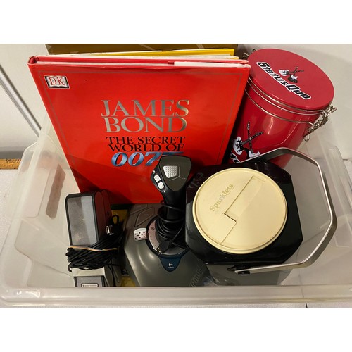 501 - Box of misc to include James Bond books, Sparklets ice box & Wingman attack 2 controller etc