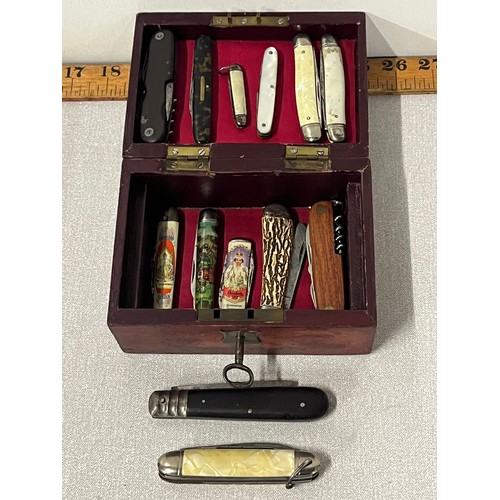 11 - 13 assorted collectors pocket knives in vintage wooden box with key