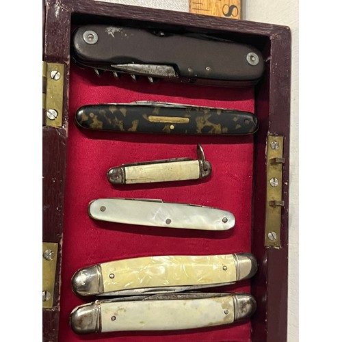 11 - 13 assorted collectors pocket knives in vintage wooden box with key