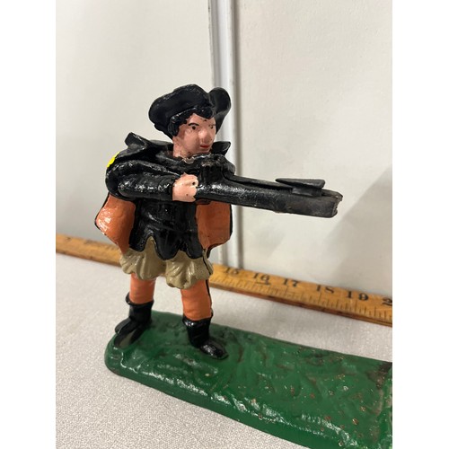 49 - Vintage classic iron repro William Tell shooting apple mechanical coin bank.