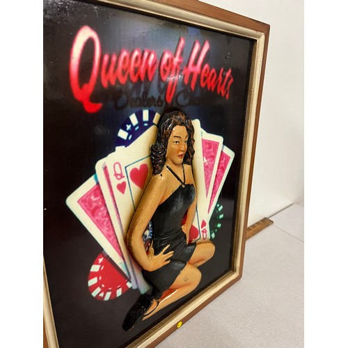 93 - Vintage framed Queen of Hearts dealers choice raised relief wooden carved poker picture. 16