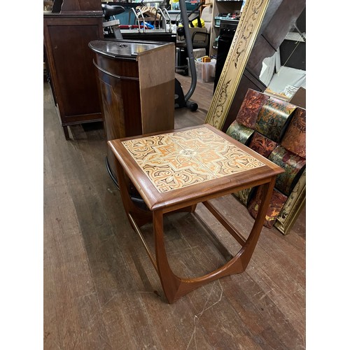 468 - Antique mahogany inlaid corner cabinet with 2 keys along with mid century teak G Plan tile top side ... 