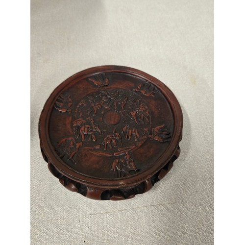 458 - Carved wooden Zebra bowl along with Elephant carvings & art glass dish.