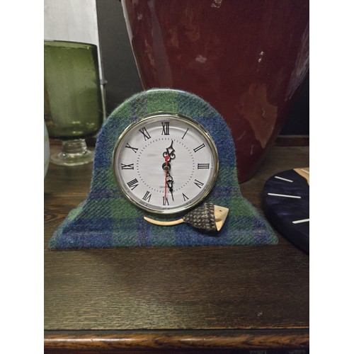 95 - Harris Tweed mantle clock along with oak & resin wall clock.