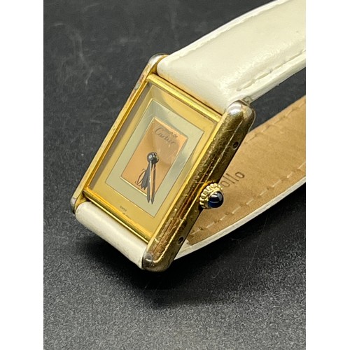 10 - Vintage 1970s genuine Must be Cartier Tank Watch - stamped Silver Vermeil with Tri-Colour Gold Dial,... 