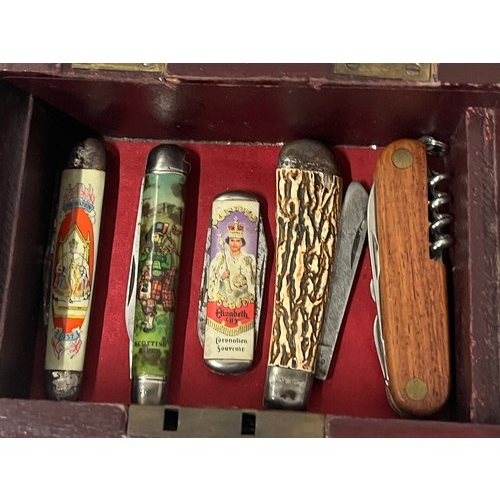 11 - 13 assorted collectors pocket knives in vintage wooden box with key