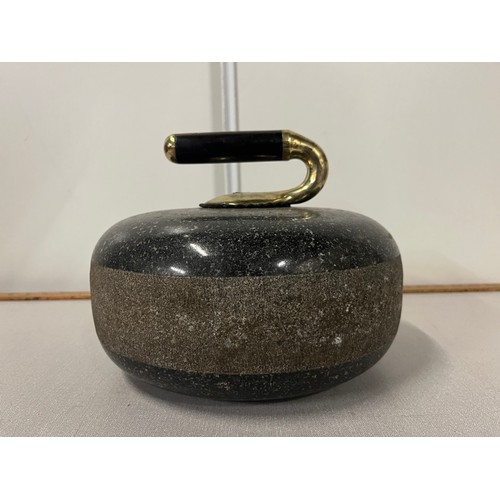 14 - Vintage Scottish curling stone with brass & ebony handle.