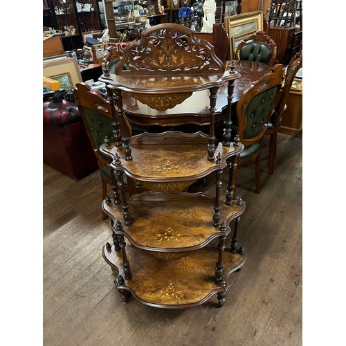 22 - 4 tier Victorian inlaid burr walnut Whatnot with turned supports.