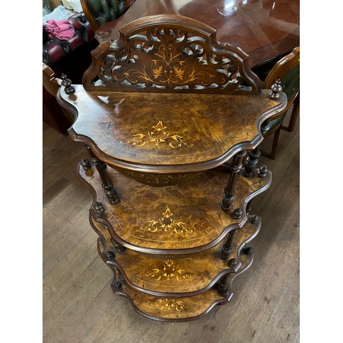 22 - 4 tier Victorian inlaid burr walnut Whatnot with turned supports.