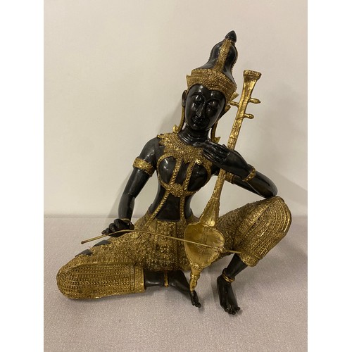 24 - Heavy bronze Thai musician statue holding sitar. 12