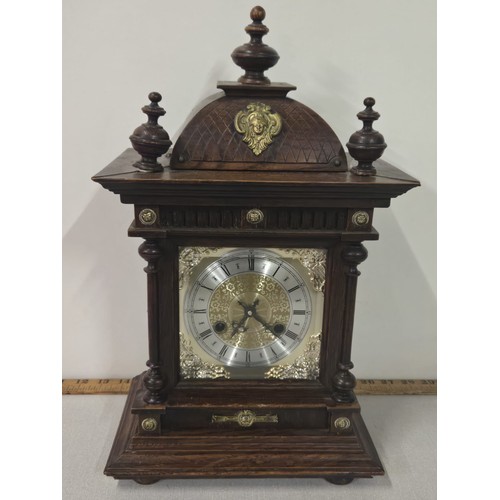 40 - Late 19th Century Junghans of Wurttemberg bracket clock, brass dial, oak case with applied brass mas... 