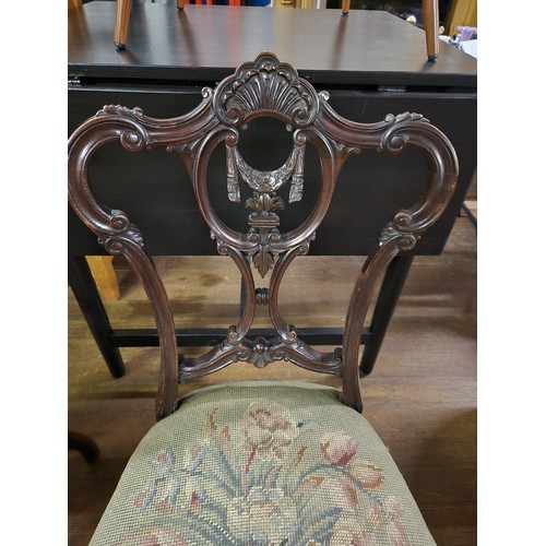 156 - Pair of 19th century parlour chairs with tapestry style upholstery carved splat back areas, raised o... 