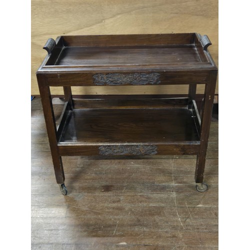 223 - Chinese Rosewood two tier serving trolley with removable tray. [70x76x45c