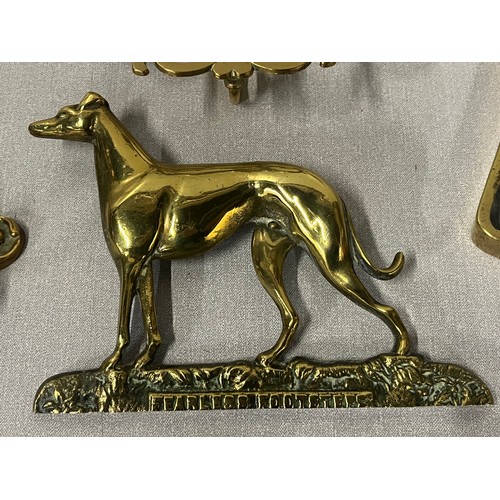 347 - Selection of heavy brass to include 2 handled pot stand along with 'Fearless Footsteps' Greyhound, P... 