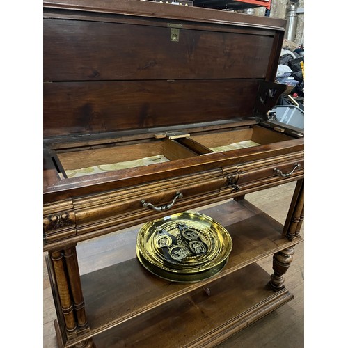 432 - Victorian solid wood 3 tier buffet cabinet brass drop handles, 45