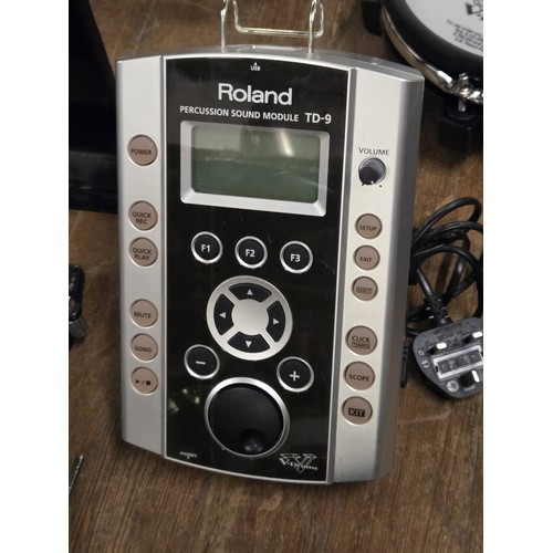 207 - Roland electronic TD-9 drum kit with 3 cymbals to include ride/crash, 3 drums to include PD-105 & ki... 