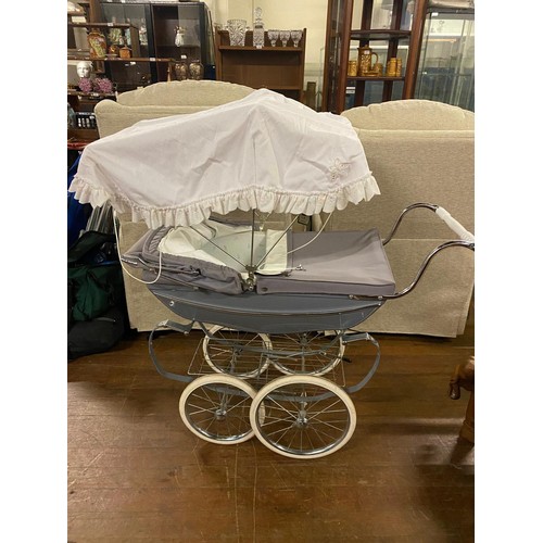 76 - Vintage silver cross dolls pram with sun canopy