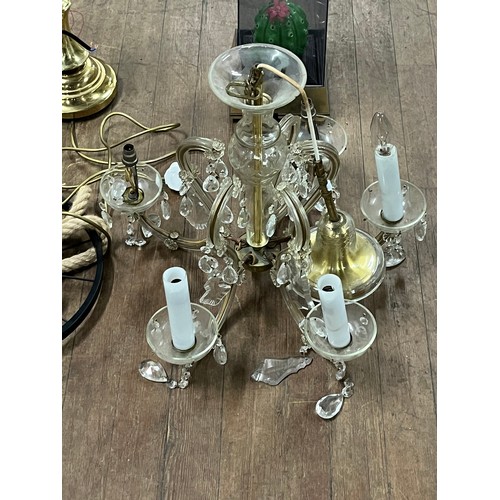 429 - Selection of lighting to include crystal chandelier, Danish T.S Belysning brass lamp etc