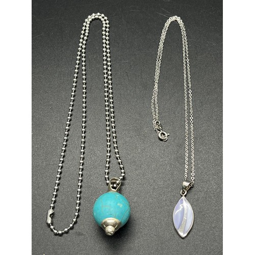 88 - silver & turquoise orb pendant with stainless steel chain along with silver mother of pearl oval pen... 