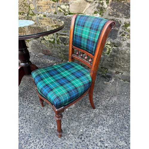 225 - mahogany flip top table along with 2 tartan upholstered chairs