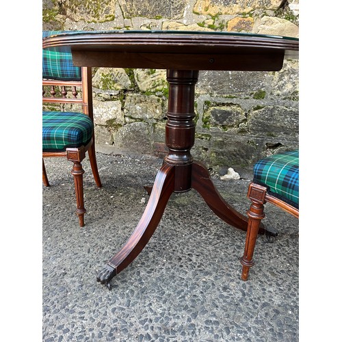 225 - mahogany flip top table along with 2 tartan upholstered chairs