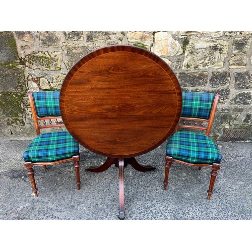 225 - mahogany flip top table along with 2 tartan upholstered chairs