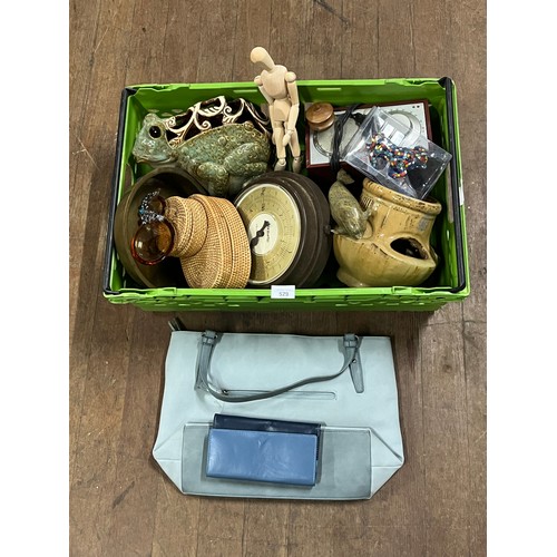 529 - box of misc to include stoneware pottery , soapstone seal , vintage scales etc