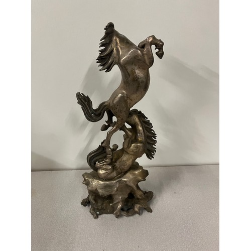 11 - Heavy antique Tibetan silver sculpture of fighting stallions, 3.5kg 15.5