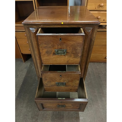 255 - Victorian walnut 3 drawer chest with brass drop handles on metal castor feet