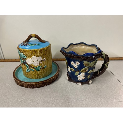 26 - Majolica cheese dome on Minton base along with art nouveau Majolica pitcher.