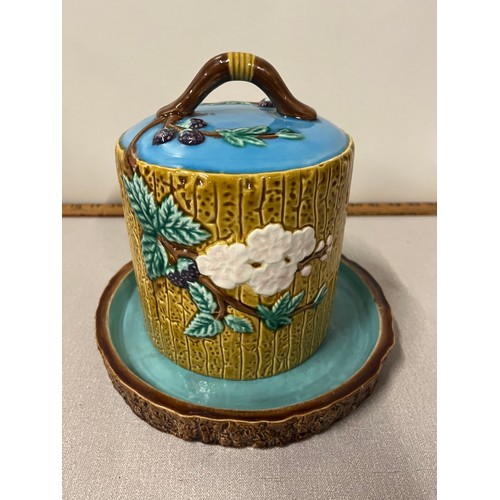 26 - Majolica cheese dome on Minton base along with art nouveau Majolica pitcher.