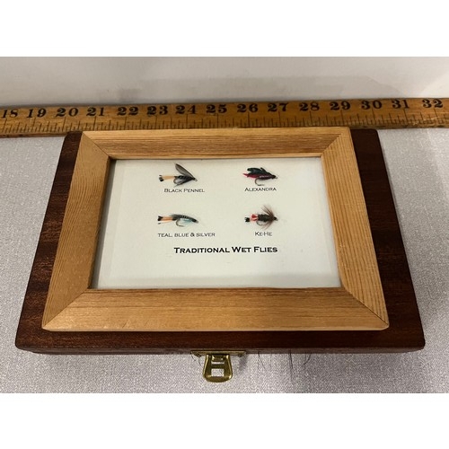 241 - Collection of reservoir trout flies in wooden box with framed wet fly display.