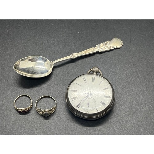 8 - selection of silver to include pocket watch , spoon & 2 rings