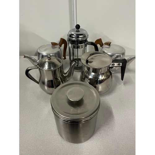 596 - 2 piquot ware tea pots along with coffee pot, ice bucket etc