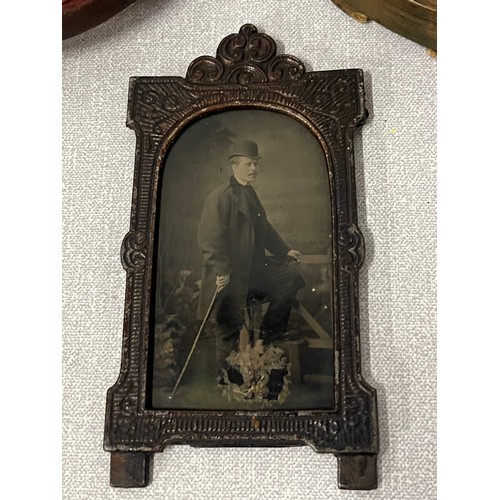 64 - Antique tintype metal photograph of a country gentleman in a period metal frame along with 2 framed ... 