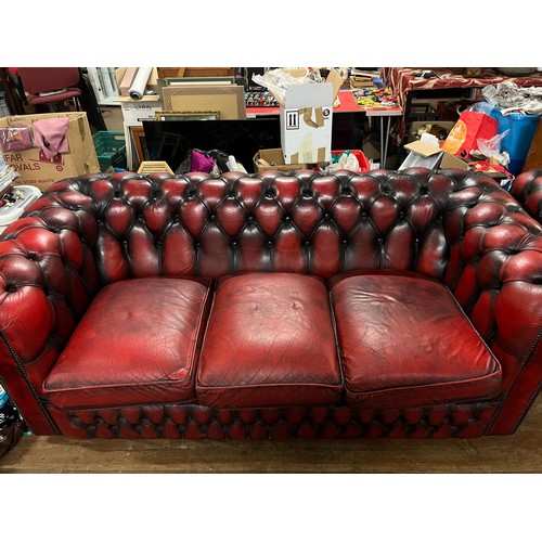 110 - Vintage Red leather Chesterfield sofa with matching club chair ( club chair has slight damage to arm... 