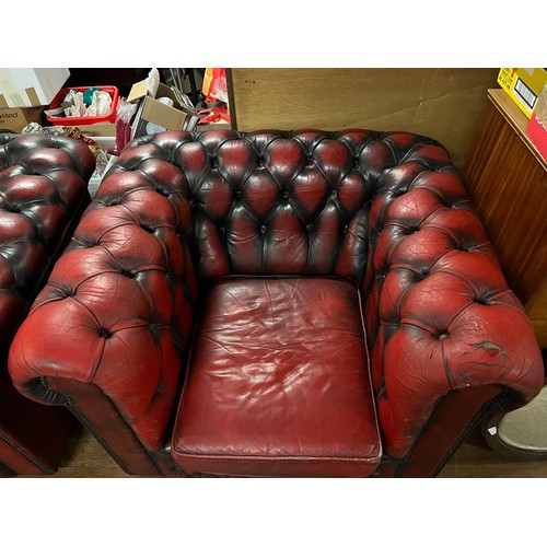 110 - Vintage Red leather Chesterfield sofa with matching club chair ( club chair has slight damage to arm... 