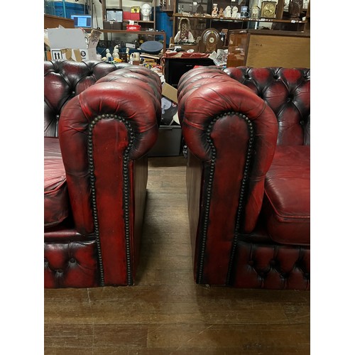 110 - Vintage Red leather Chesterfield sofa with matching club chair ( club chair has slight damage to arm... 