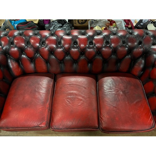 110 - Vintage Red leather Chesterfield sofa with matching club chair ( club chair has slight damage to arm... 