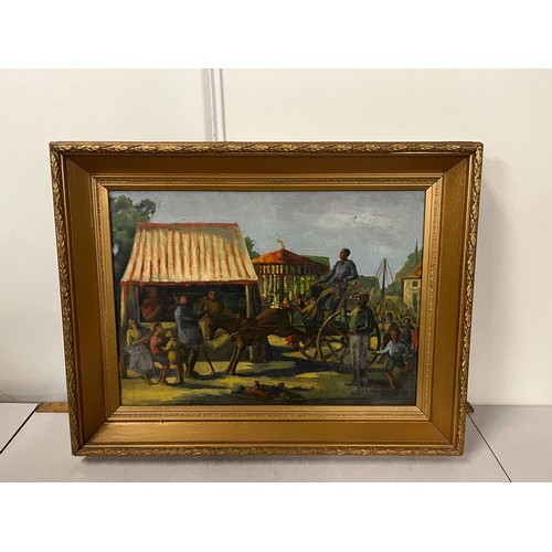 150A - Antique gilt framed oil painting by scottish artist sheila maclean titled The fairground 1936, 28