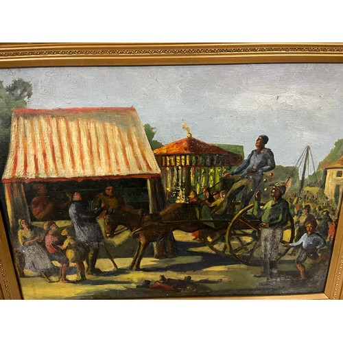 150A - Antique gilt framed oil painting by scottish artist sheila maclean titled The fairground 1936, 28