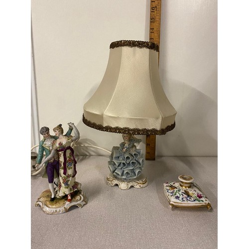 209 - Irish dresden susannah figurine lamp , 19th century old brussells bird decor scent bottle along with... 